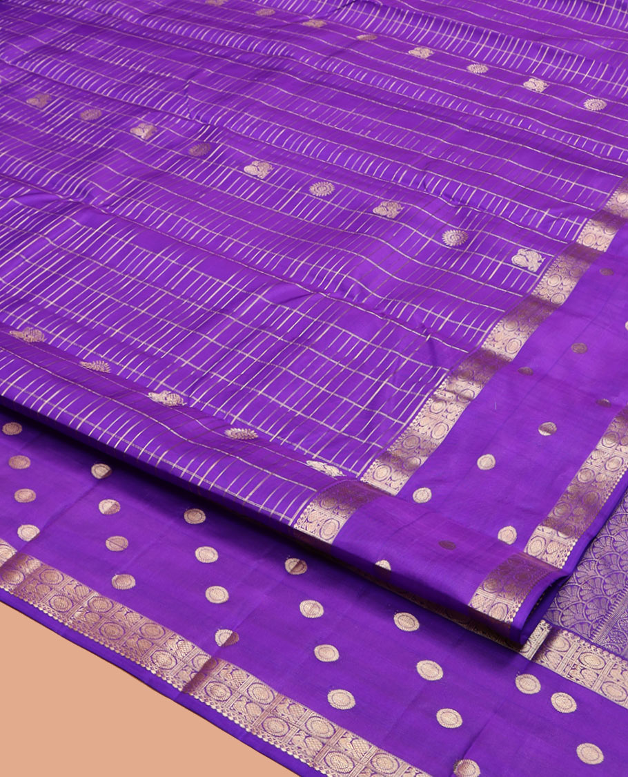 Violet Vasundhara Silk Saree, Embellished with Mayil-Chakram Buttas and Checks, Highlighted by a Zari Mayil-Chakram Border, Scallop Design Pallu, and a Matching Blouse