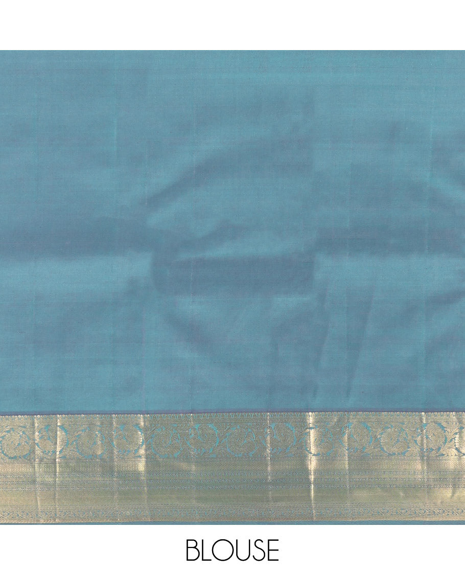 Turquoise Vasundhara Lite Silk Mix Saree, Detailed with Zari Buttas, Complemented by a Contrast Border of Kodi Mayil, Muthu, Mayil Kann, and Kodi Visiry, Jaal Pallu, and a Contrast Blouse