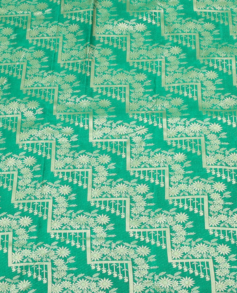 Green Art Silk Material Half Saree, Elegantly Framed with Jacquard Skirt, a Contrast Traditional Zari Border, Contrast Blouse, and an Intricate Dhavani