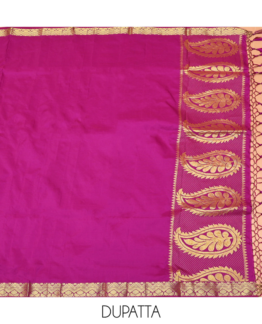 Green Art Silk Material Half Saree, Elegantly Framed with Jacquard Skirt, a Contrast Traditional Zari Border, Contrast Blouse, and an Intricate Dhavani