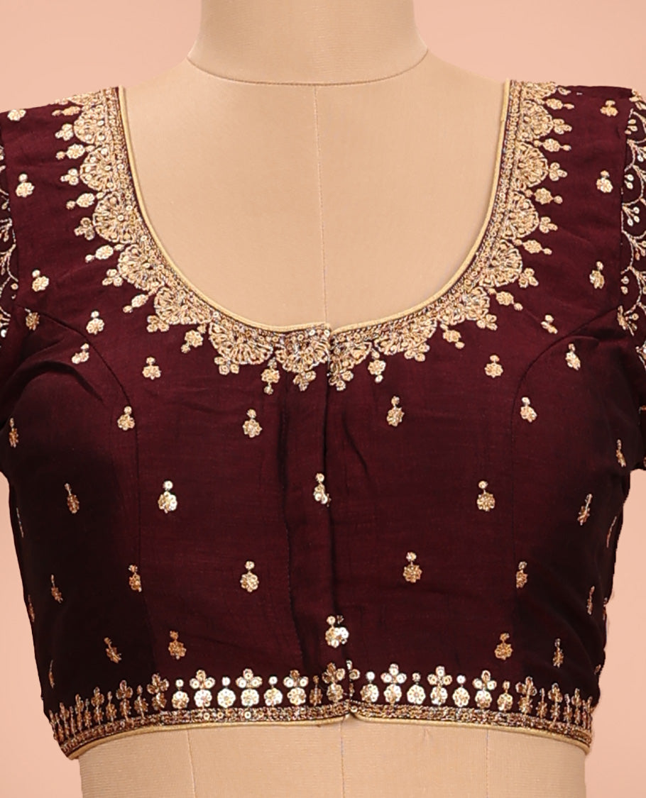 Maroon heavy and intricate embroidered round neck with elbow sleeve raw-silk blouse