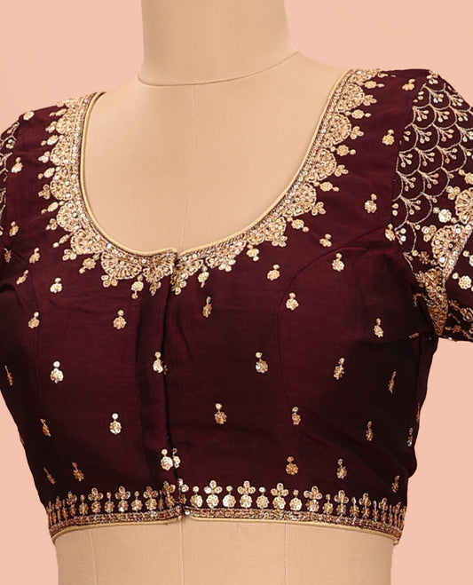 Maroon heavy and intricate embroidered round neck with elbow sleeve raw-silk blouse