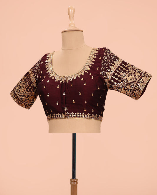 Maroon heavy and intricate embroidered round neck with elbow sleeve raw-silk blouse
