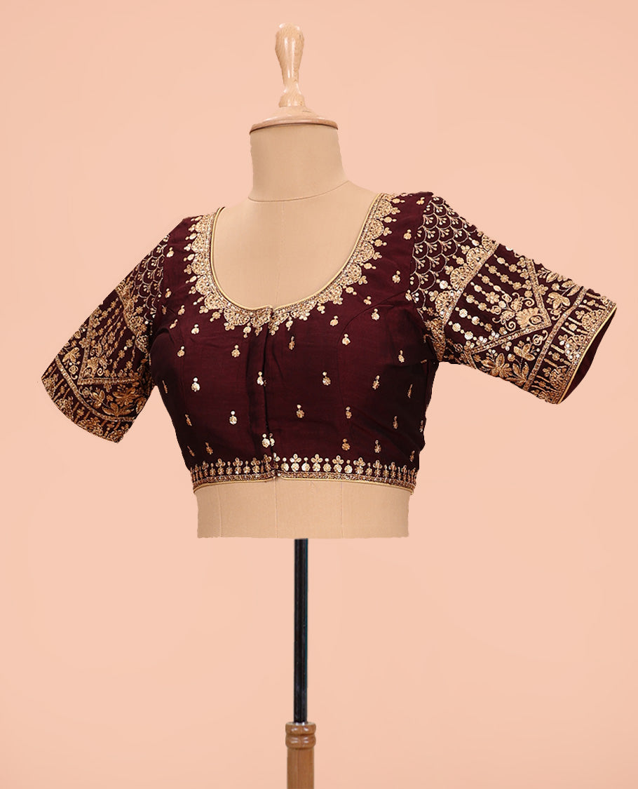 Maroon heavy and intricate embroidered round neck with elbow sleeve raw-silk blouse