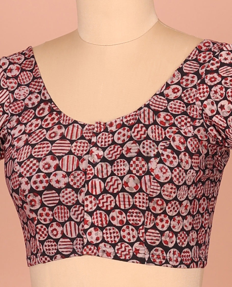 Black Cotton Readymade Blouse Gracefully Embellished with All-Over Geometric Motifs Print, Featuring a Front Round-Neck, a Back Round-Neck, and Elbow Sleeves