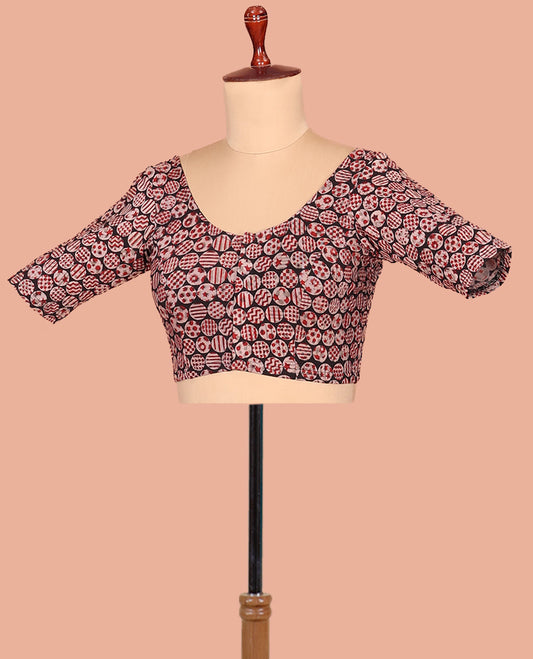 Black Cotton Readymade Blouse Gracefully Embellished with All-Over Geometric Motifs Print, Featuring a Front Round-Neck, a Back Round-Neck, and Elbow Sleeves