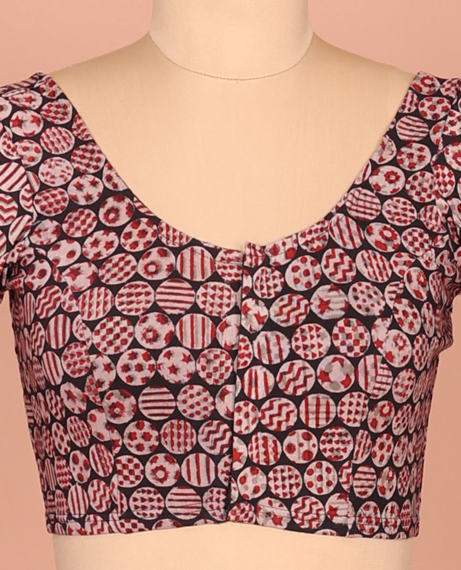 Black Cotton Readymade Blouse Gracefully Embellished with All-Over Geometric Motifs Print, Featuring a Front Round-Neck, a Back Round-Neck, and Elbow Sleeves