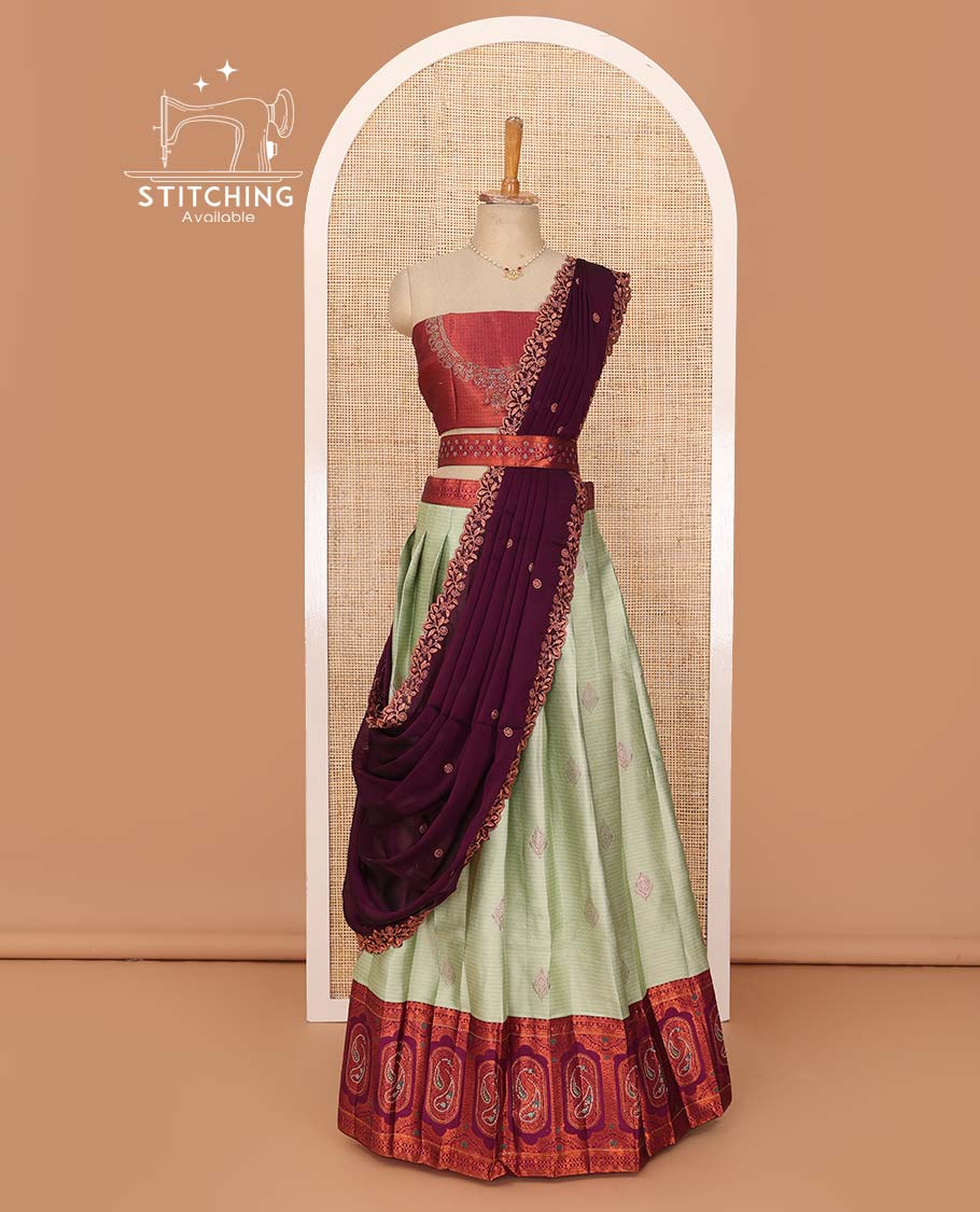 Green lehenga set, zari design with contrast Mughal design border skirt, jacquard stone work blouse, and scallop embroidered dhavani