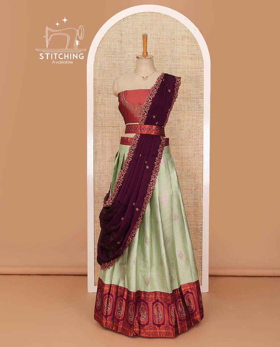 Green lehenga set, zari design with contrast Mughal design border skirt, jacquard stone work blouse, and scallop embroidered dhavani