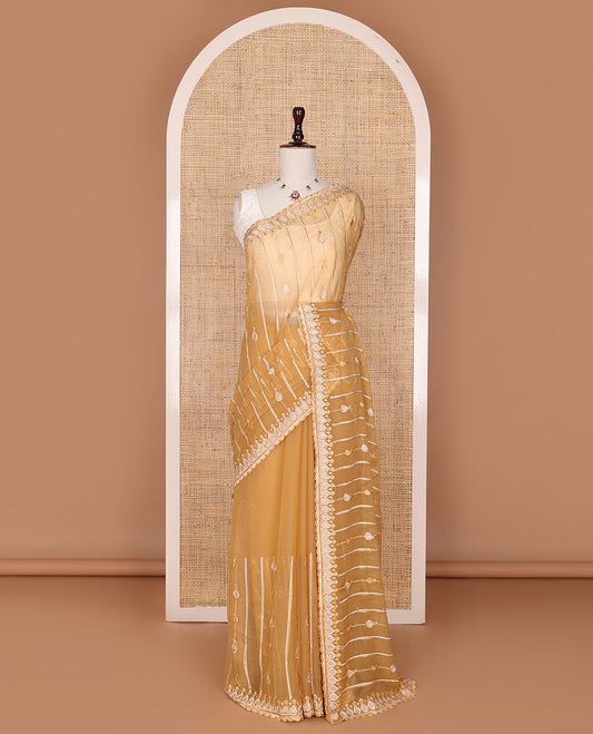 Yellow striped and thilakam stone-thread embroidered designer saree, scallop embroidered border