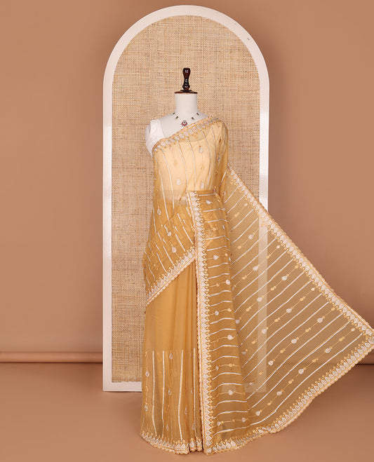 Yellow striped and thilakam stone-thread embroidered designer saree, scallop embroidered border