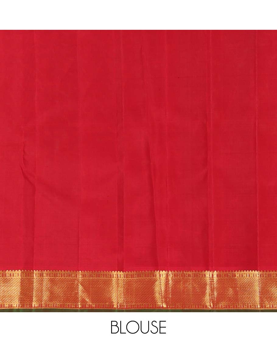 Maroon mayil poun buttas Kanchipuram silk saree, contrast border of rekku, banaras, cross kamalam, and zari stripes, and zari rich jaal pallu