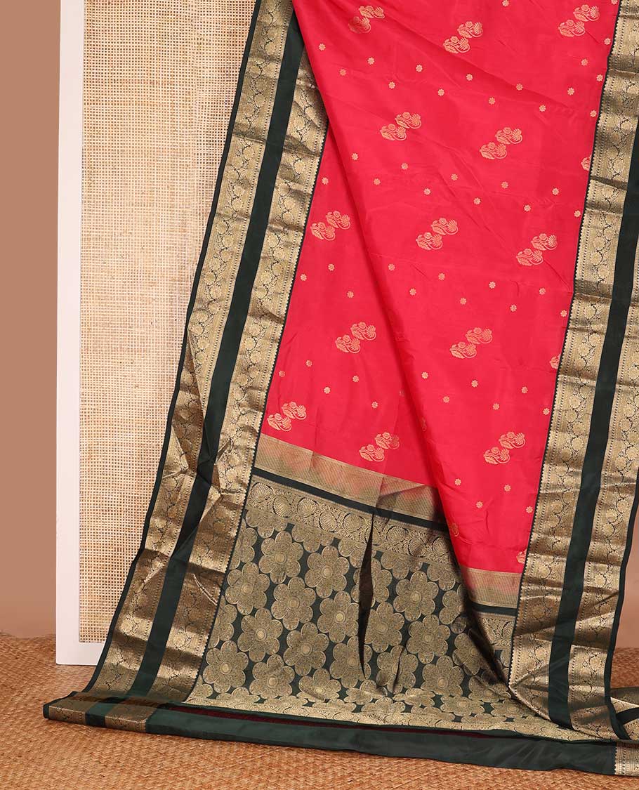 Red zari buttas silk saree, contrast rettai pettu border of manga, paisa and kodi visiry designs, and floral design pallu