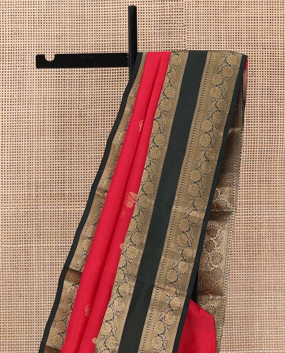 Red zari buttas silk saree, contrast rettai pettu border of manga, paisa and kodi visiry designs, and floral design pallu
