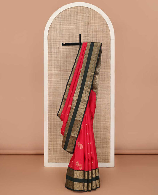 Red zari buttas silk saree, contrast rettai pettu border of manga, paisa and kodi visiry designs, and floral design pallu