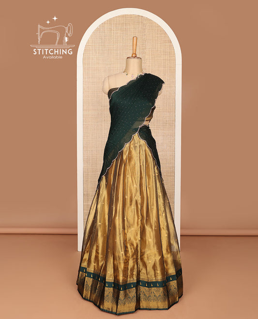 Brown buttas banaras half saree with contrast floral design border, zari design blouse & polka dot, scallop border dhavani