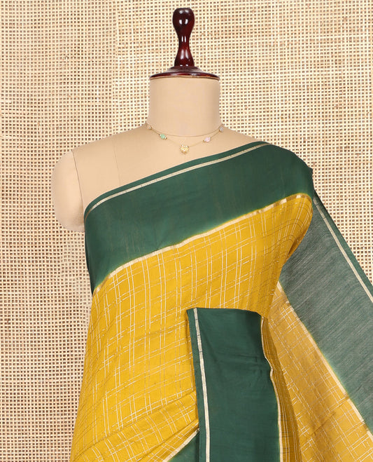 Mustard Assam Silk Saree, Styled with Zari Checks, Complemented by Contrast Zari Border,  Zari Woven Pallu, and Contrast Blouse