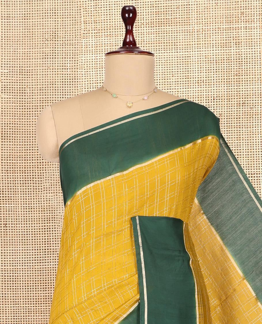 Mustard Assam Silk Saree, Styled with Zari Checks, Complemented by Contrast Zari Border,  Zari Woven Pallu, and Contrast Blouse