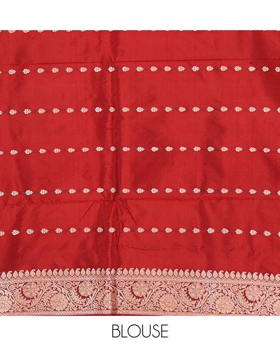 Black zari buttas katan silk saree, contrast floral creeper zari border, and floral and paisley jaal pallu