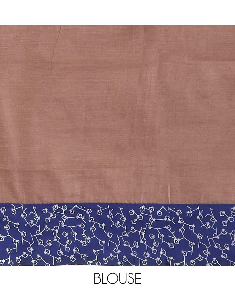 Navy blue unique design poly cotton saree, contrast floral motif border, and floral printed pallu