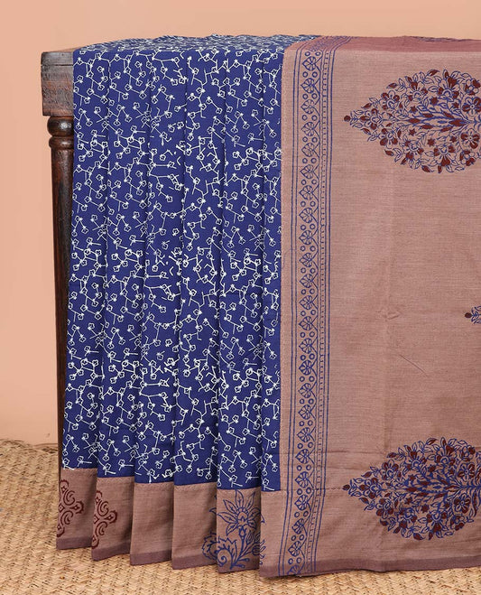 Navy blue unique design poly cotton saree, contrast floral motif border, and floral printed pallu