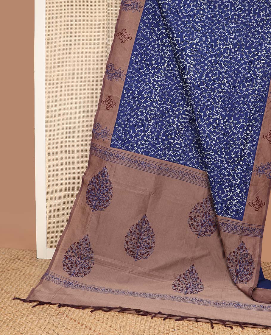 Navy blue unique design poly cotton saree, contrast floral motif border, and floral printed pallu