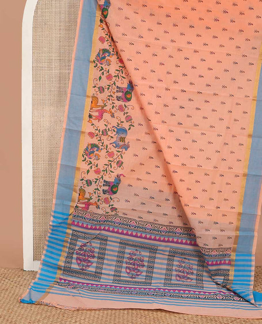 Peach paisley & pichwai cow printed chirala cotton saree, contrast plain border & pallu of floral & geometric print