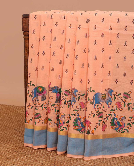 Peach paisley & pichwai cow printed chirala cotton saree, contrast plain border & pallu of floral & geometric print