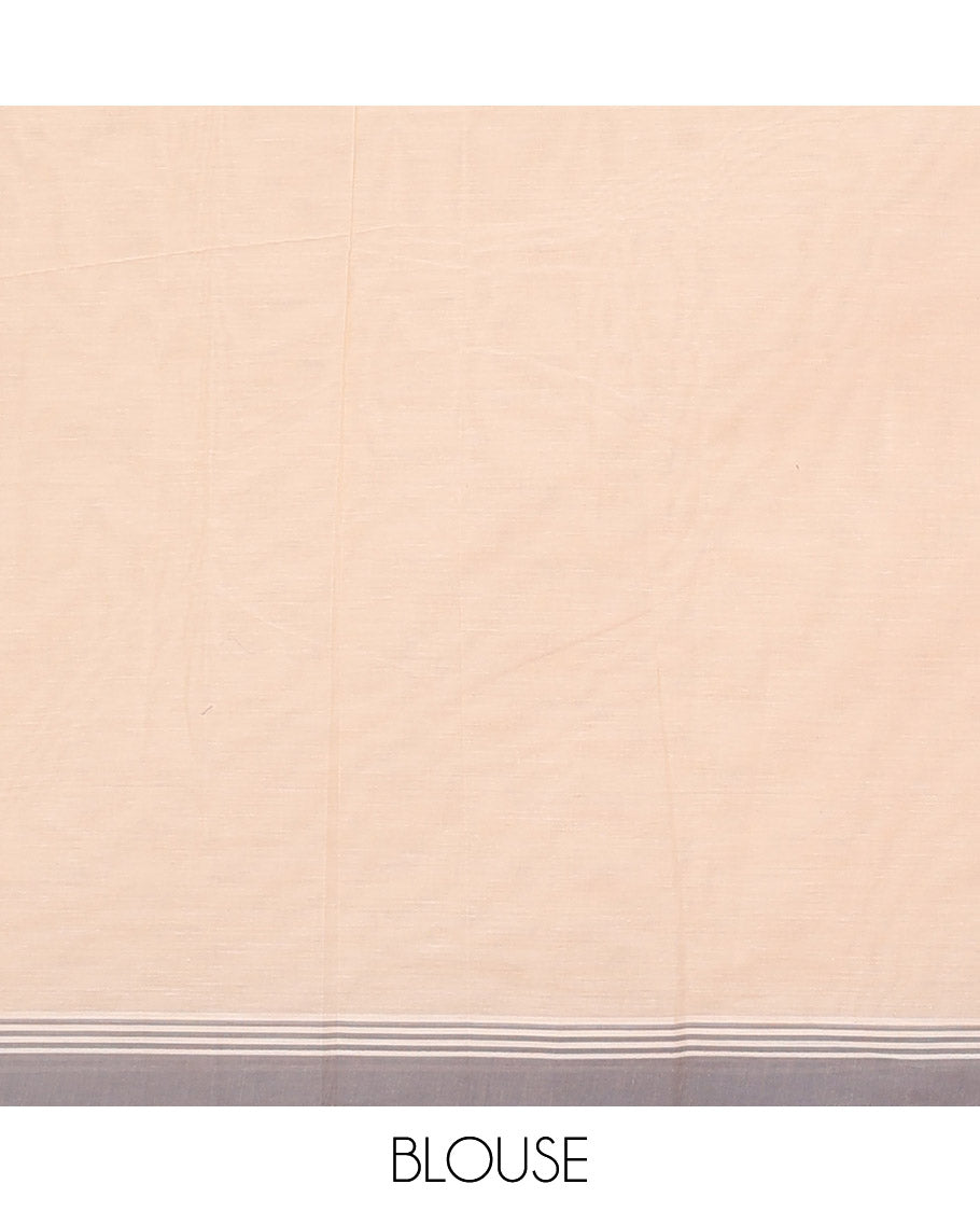 Cream unique motifs kanchi cotton saree, contrast plain border, and pallu of chakram motifs