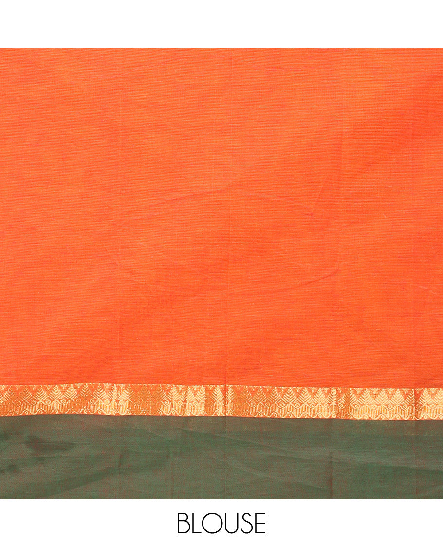 Orange leaf buttas kanchi cotton saree, contrast  zari border, and pallu of intricate designs