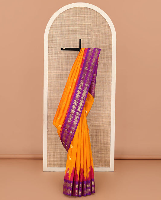Orange yaanai zari buttas Kanchipuram silk saree, contrast one-sided thazampoo rekku rettai pettu border of yaanai motifs, and human motifs pallu