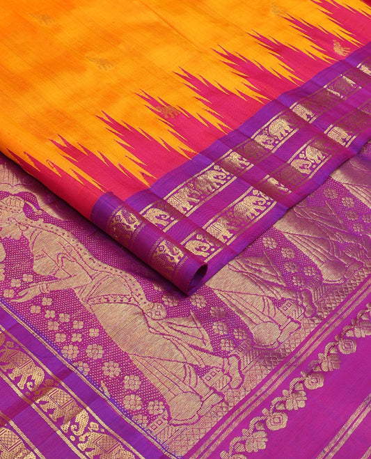 Orange yaanai zari buttas Kanchipuram silk saree, contrast one-sided thazampoo rekku rettai pettu border of yaanai motifs, and human motifs pallu