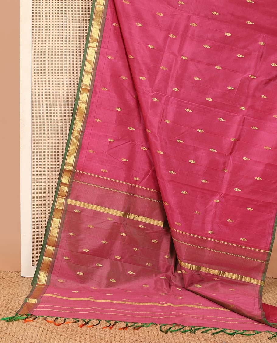 Red zari buttas Kanchipuram silk saree, contrast one-sided border of banaras, and mayil kann designs, and zari design pallu