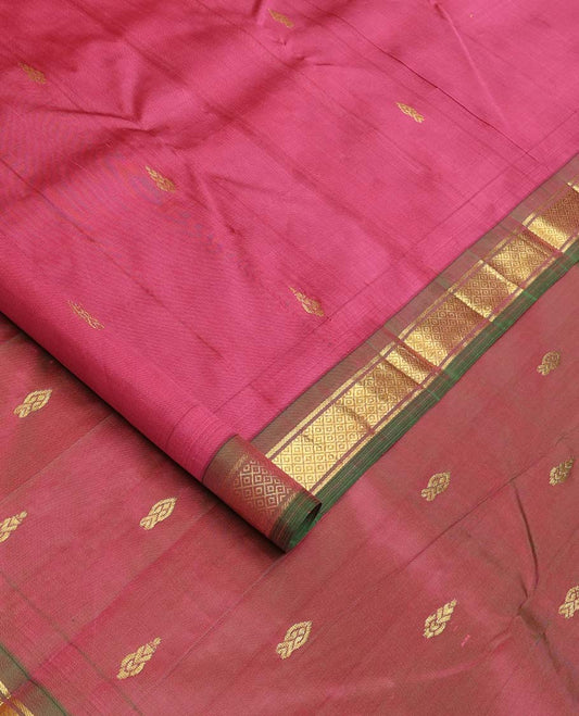Red zari buttas Kanchipuram silk saree, contrast one-sided border of banaras, and mayil kann designs, and zari design pallu