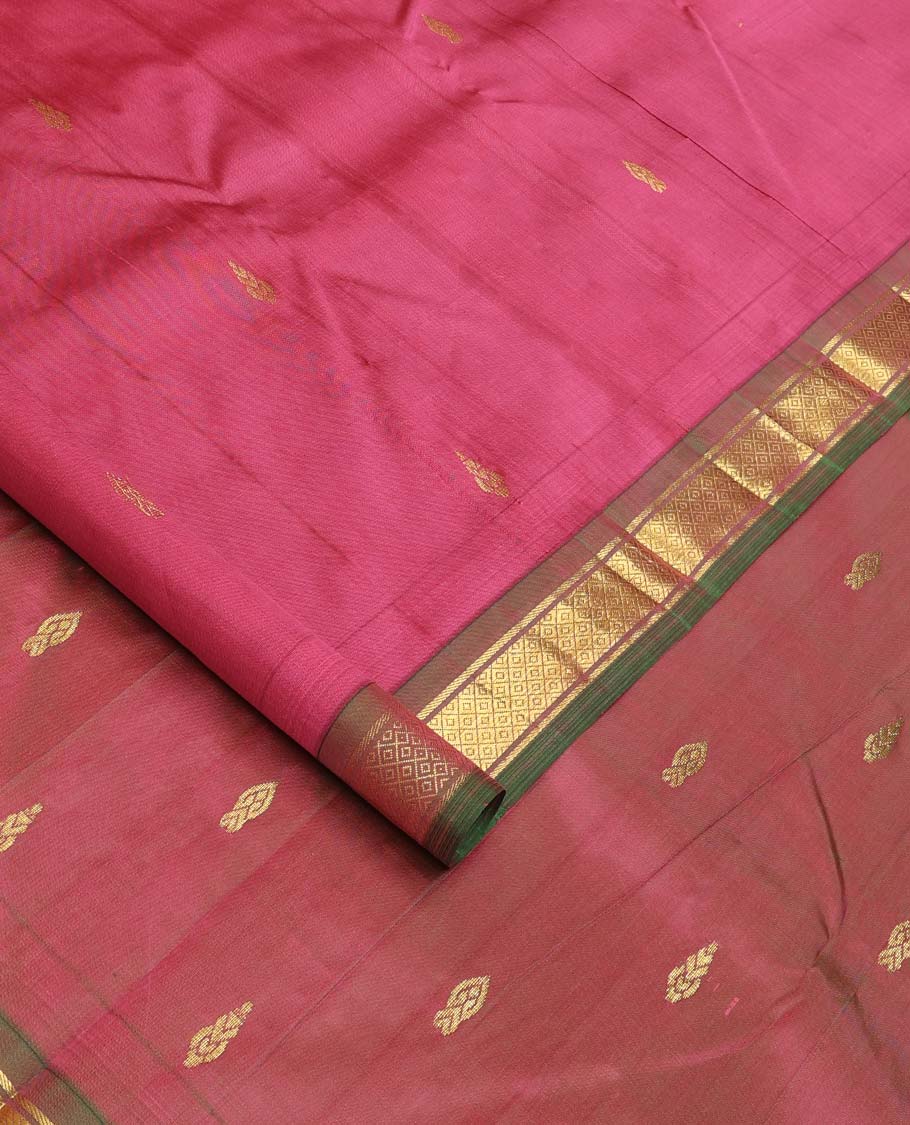 Red zari buttas Kanchipuram silk saree, contrast one-sided border of banaras, and mayil kann designs, and zari design pallu