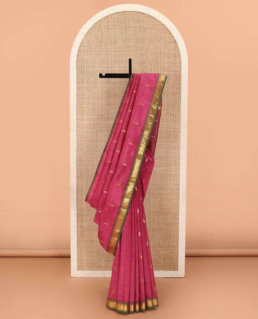 Red zari buttas Kanchipuram silk saree, contrast one-sided border of banaras, and mayil kann designs, and zari design pallu