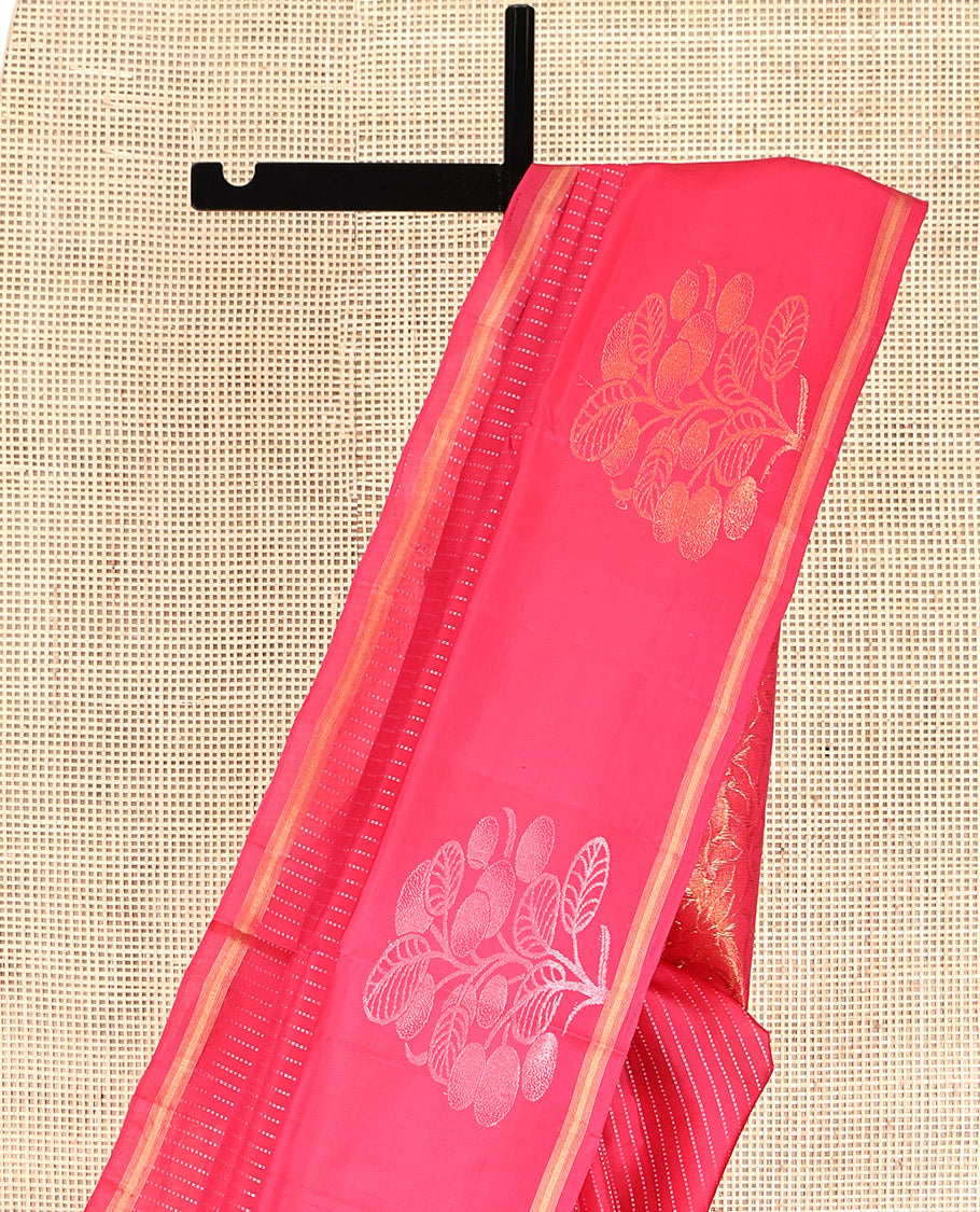 Pink Mayuri Lite Silk Mix Saree, Prettified with Muthu Stripes, a Zari Floral Border, Floral Vine Pallu, and Matching Blouse