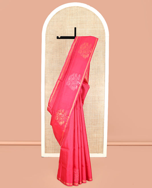 Pink Mayuri Lite Silk Mix Saree, Prettified with Muthu Stripes, a Zari Floral Border, Floral Vine Pallu, and Matching Blouse