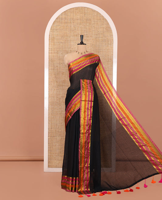 Black Plain Khadi Mul Cotton Saree, Complemented by Captivating Contrast Multi-Color Striped Border, Plain Pallu, Paired with a Matching Blouse