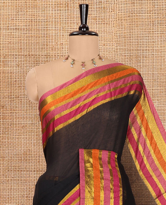 Black Plain Khadi Mul Cotton Saree, Complemented by Captivating Contrast Multi-Color Striped Border, Plain Pallu, Paired with a Matching Blouse