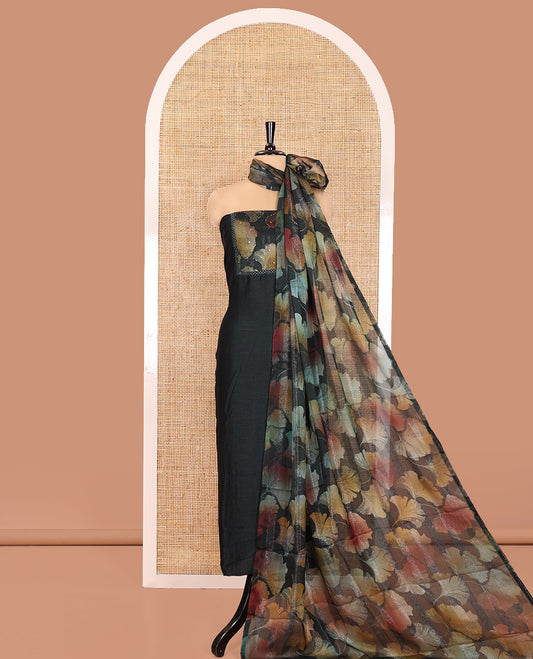 Bottle Green Material Churidar Set, Adorned with Floral Printed Patch Embroidery Vichitra Silk Top, Comes with a Plain Santoon Bottom, and a Floral Printed Shimmer Georgette Dupatta