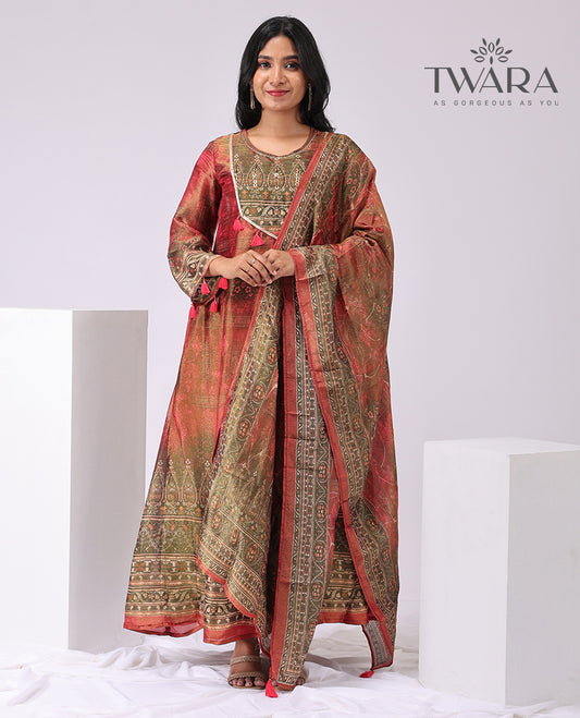 Twara multi-color floral embroidered round , 3/4 th sleeve ,below knee lenght kurti with straigt pants & floral design dupatta