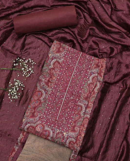 Brown material chudidar set, intricately paisleys printed and neck work top, plain bottom and sequins striped dupatta