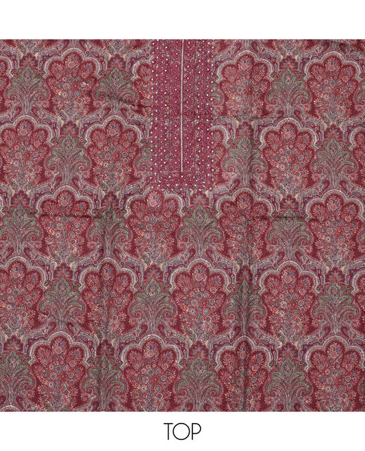 Brown material chudidar set, intricately paisleys printed and neck work top, plain bottom and sequins striped dupatta