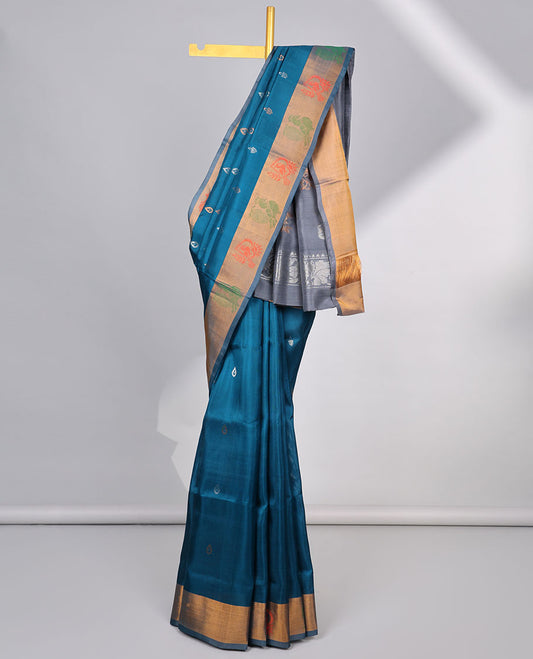 Blue floral buttas uppada silk saree with contrast peacocok buttas border & peacock buttas, floral design  pallu