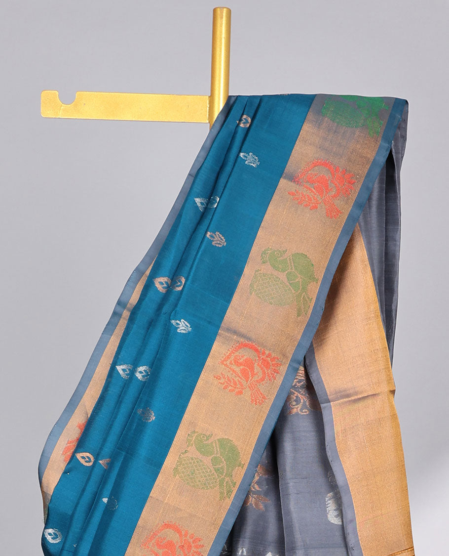 Blue floral buttas uppada silk saree with contrast peacocok buttas border & peacock buttas, floral design  pallu