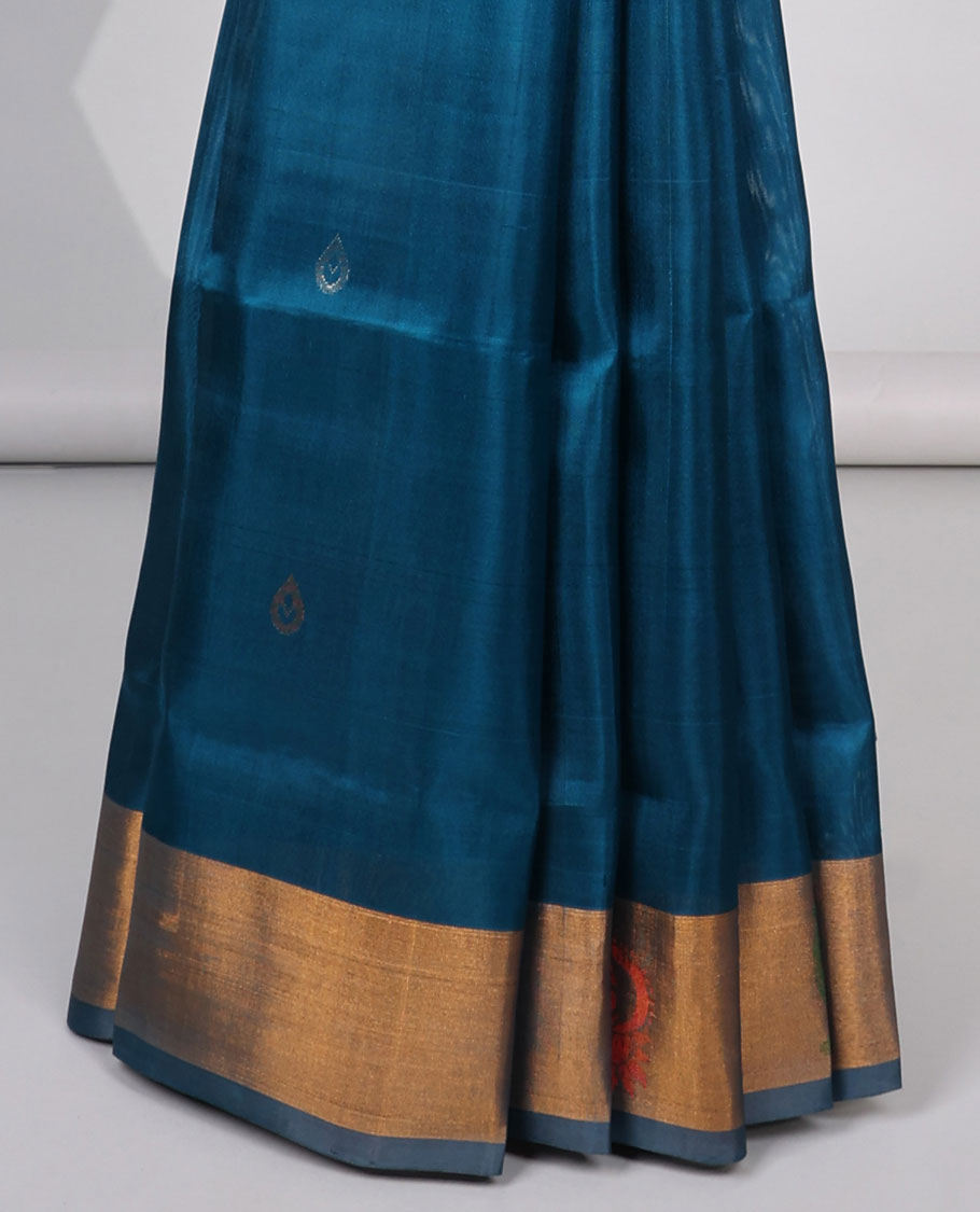 Blue floral buttas uppada silk saree with contrast peacocok buttas border & peacock buttas, floral design  pallu
