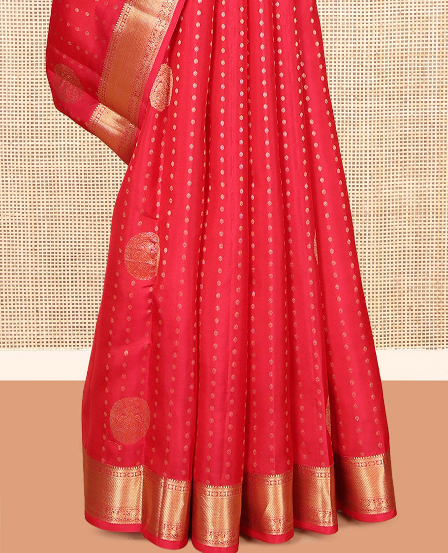 Red Vasundhara Lite Silk Mix Saree, Sparsely Woven with Zari Buttas, a Zari Border of Thilakam Mokku, Neli, Rudraksham, Mayil, and Yaali Designs, Grand Pallu, and a Matching Blouse