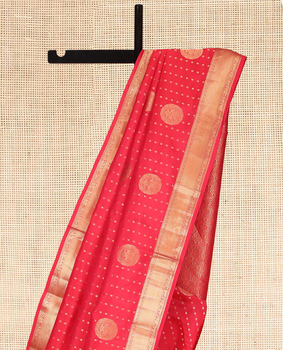 Red Vasundhara Lite Silk Mix Saree, Sparsely Woven with Zari Buttas, a Zari Border of Thilakam Mokku, Neli, Rudraksham, Mayil, and Yaali Designs, Grand Pallu, and a Matching Blouse