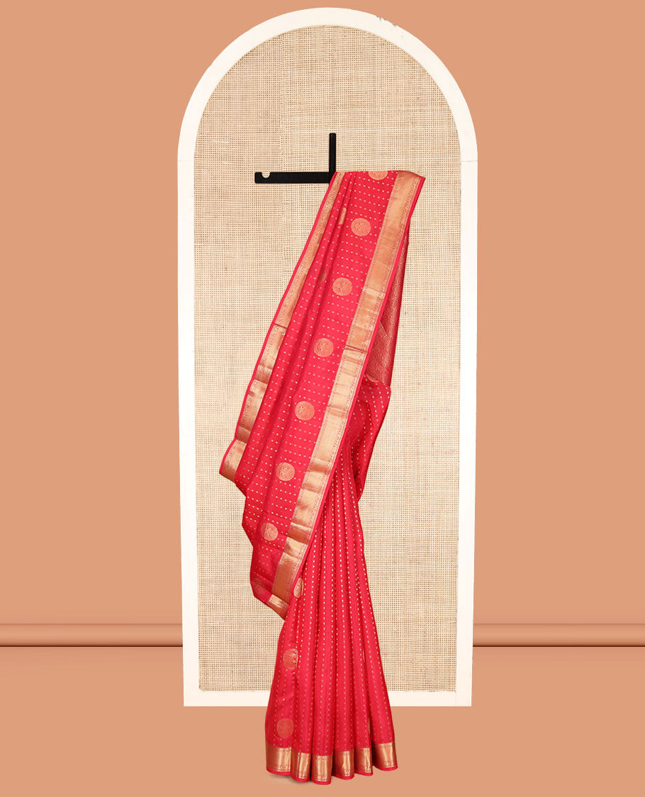 Red Vasundhara Lite Silk Mix Saree, Sparsely Woven with Zari Buttas, a Zari Border of Thilakam Mokku, Neli, Rudraksham, Mayil, and Yaali Designs, Grand Pallu, and a Matching Blouse